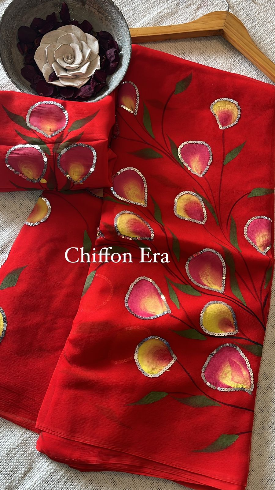 Stunning Red Handpainted Saree with Sequins Detailing & Crepe Blouse