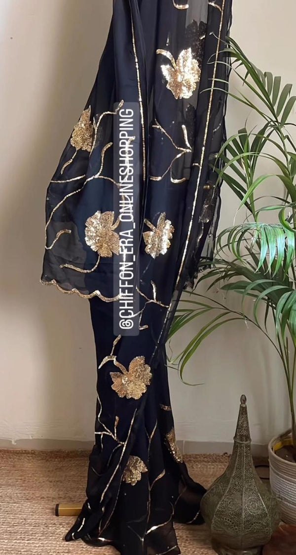 Black Pure Chiffon Sequins Handcrafted Saree with Crepe Work Blouse