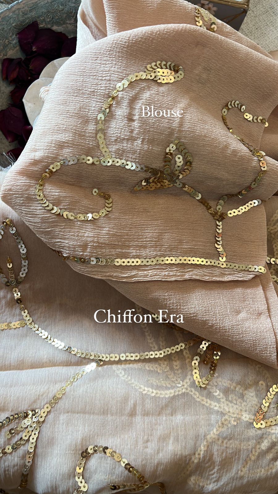 Chiffon aesthetically jewelled with golden sequins jaal all over with beautiful crepe blouse