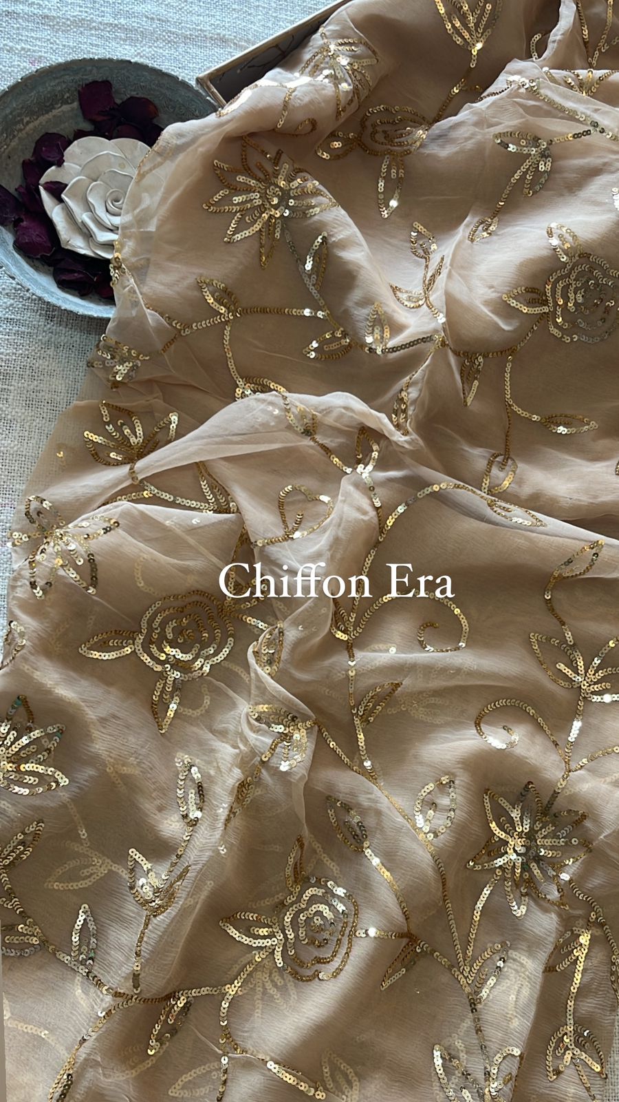 Chiffon aesthetically jewelled with golden sequins jaal all over with beautiful crepe blouse