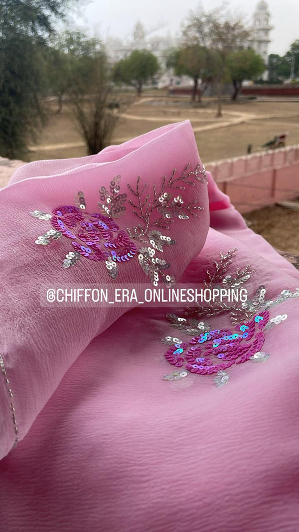 Pink rose handcrafted saree with crepe blouse