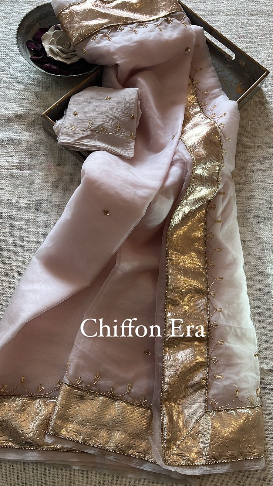 Crimson pastel Pure organza antique work handcrafted saree with crepe work blouse