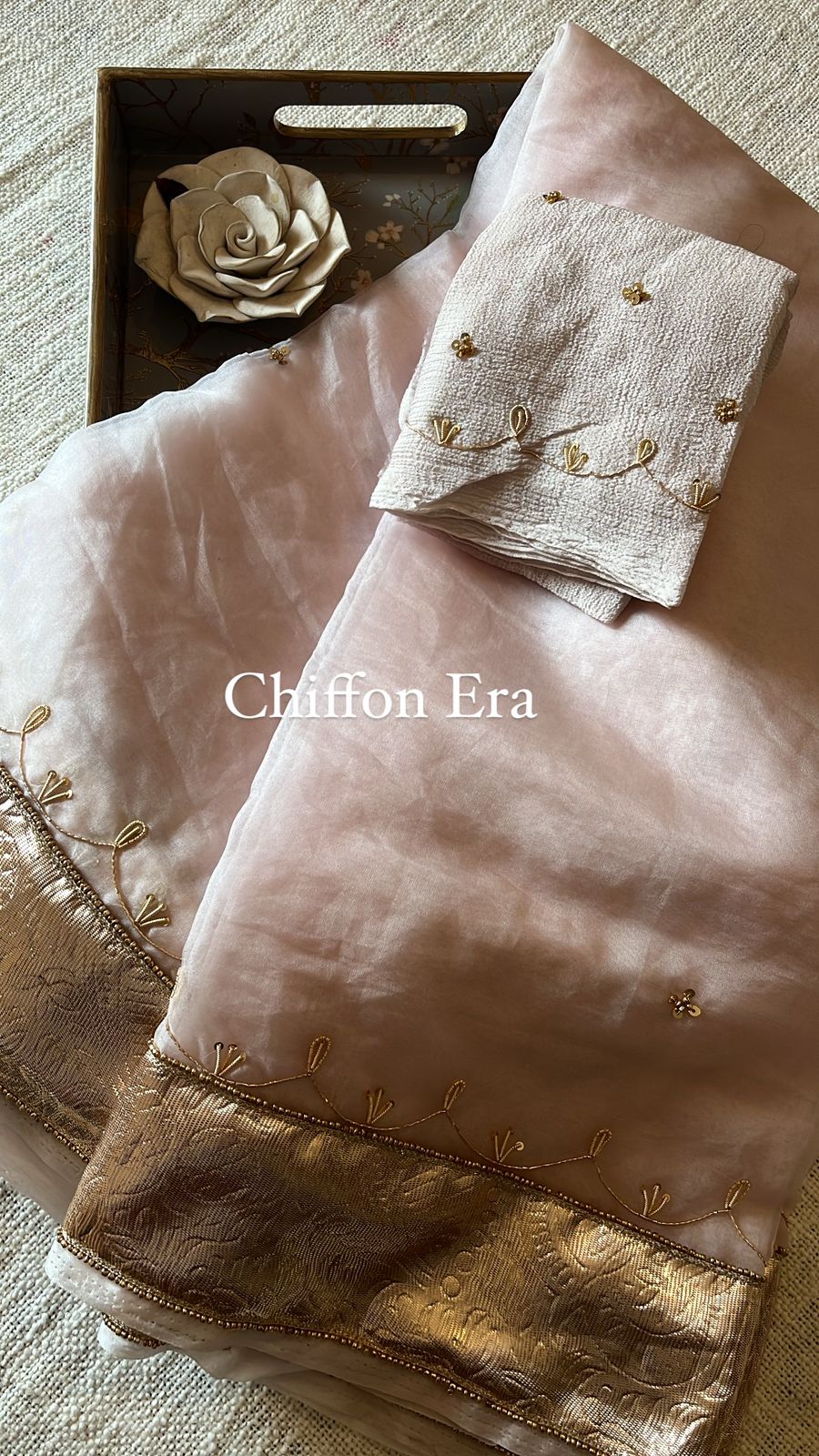 Crimson pastel Pure organza antique work handcrafted saree with crepe work blouse