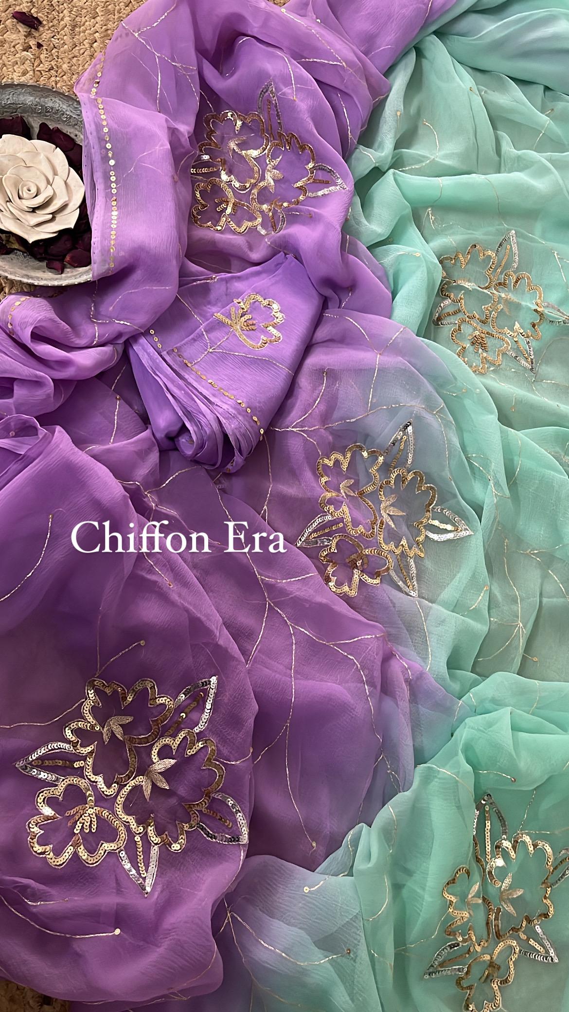 Lilac n mint green  Pure chiffon handcrafted saree with crepe blouse