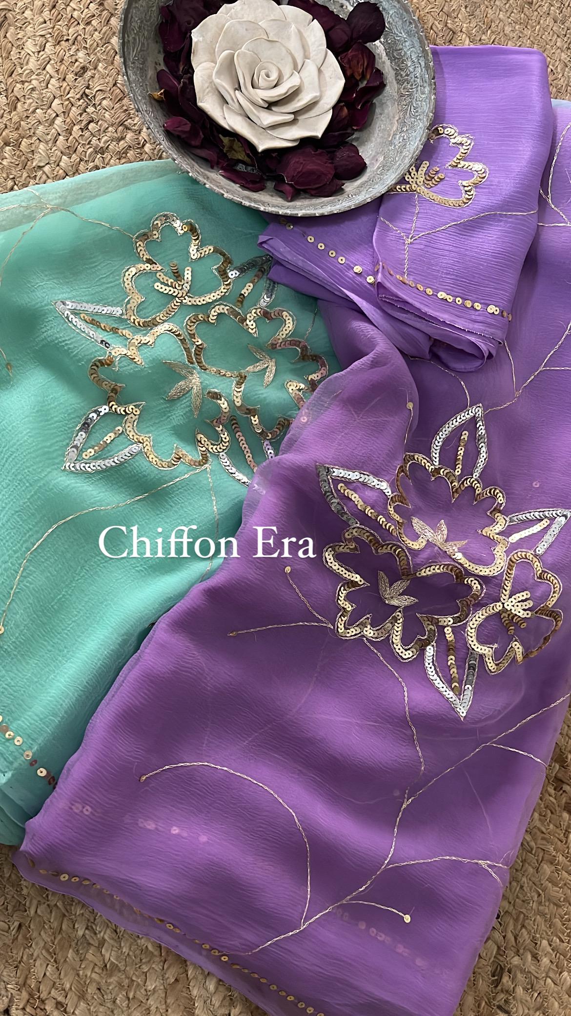 Lilac n mint green  Pure chiffon handcrafted saree with crepe blouse