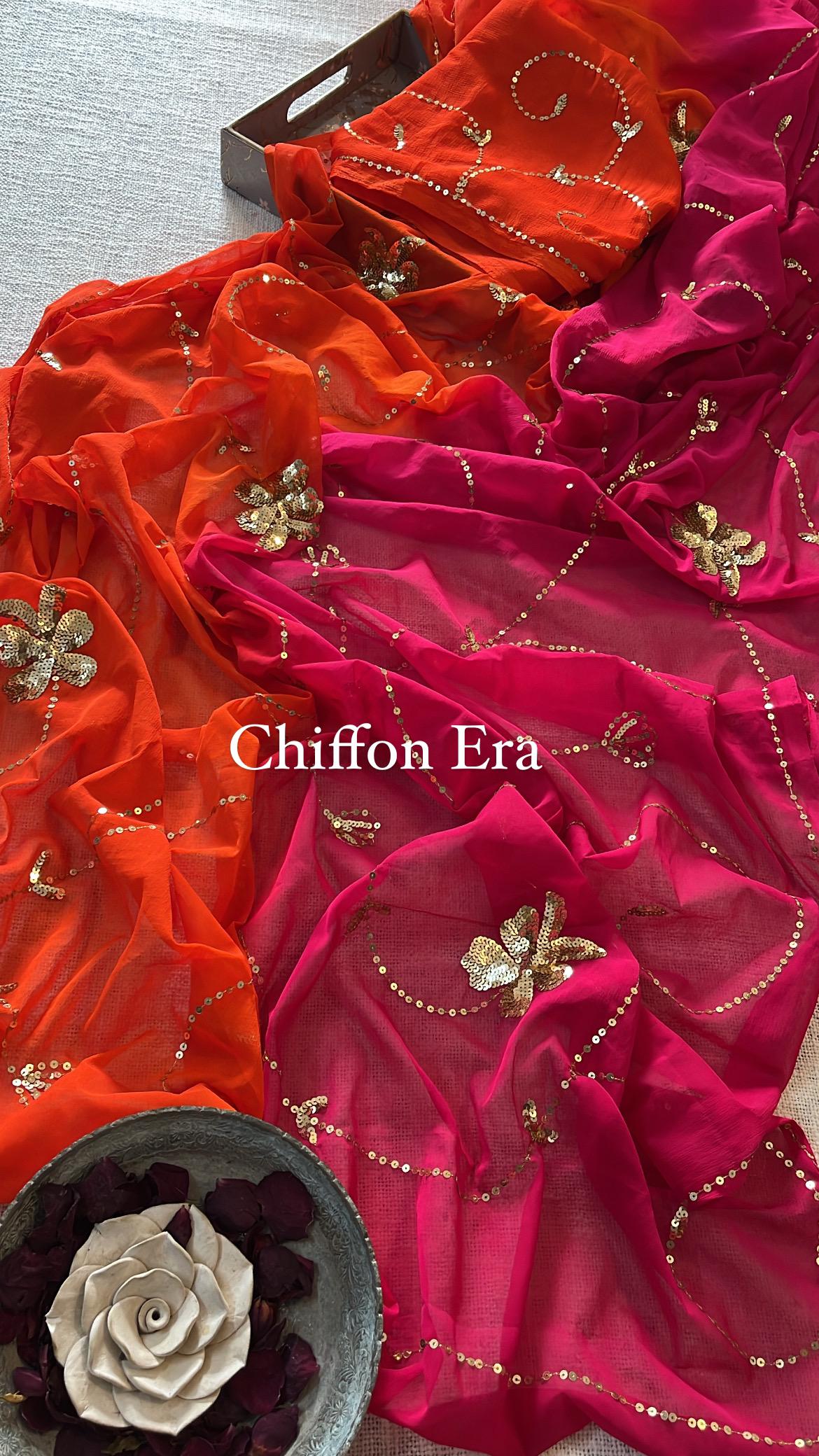 Shaded chiffon saree with beautiful sequins and aari tari work all over with pink work blouse