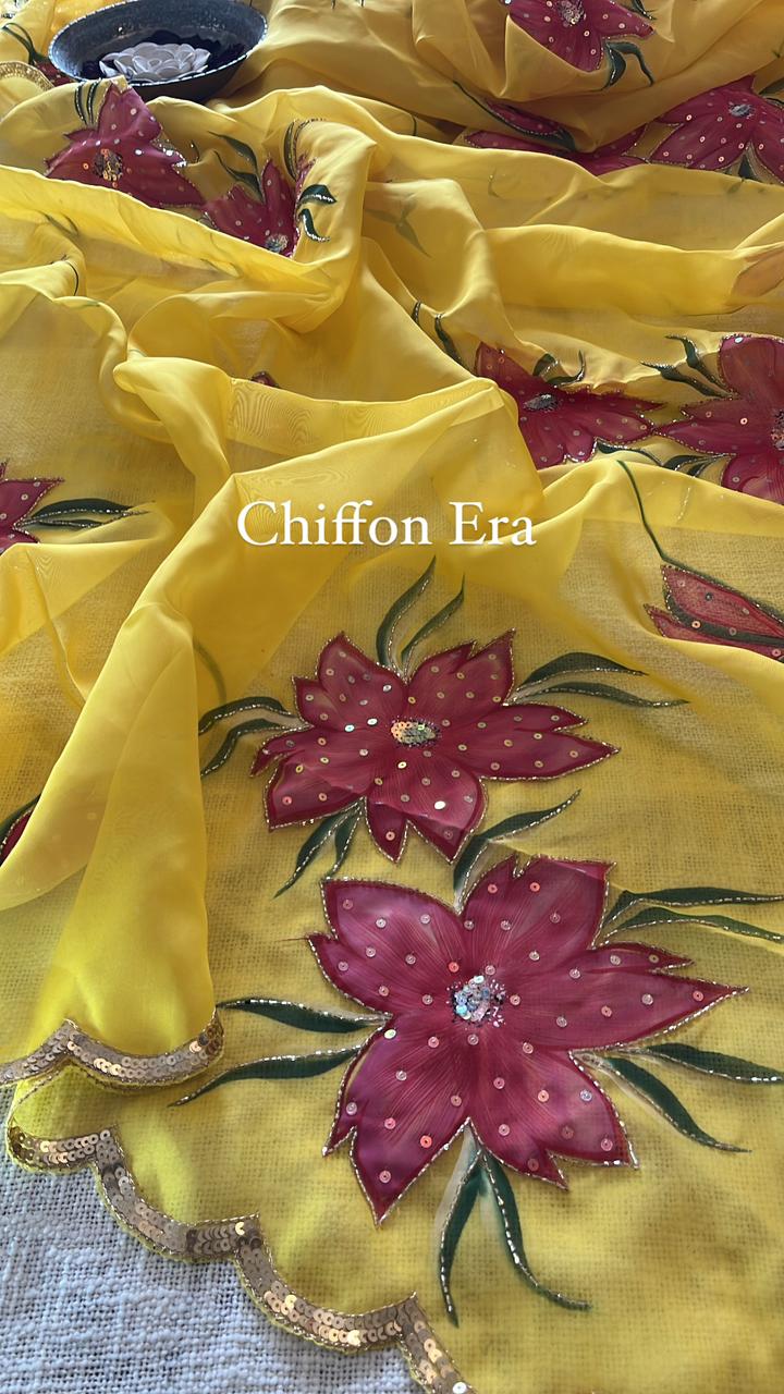 Pure Organza Handcrafted and Hand-Painted Floral Scallop Border Saree