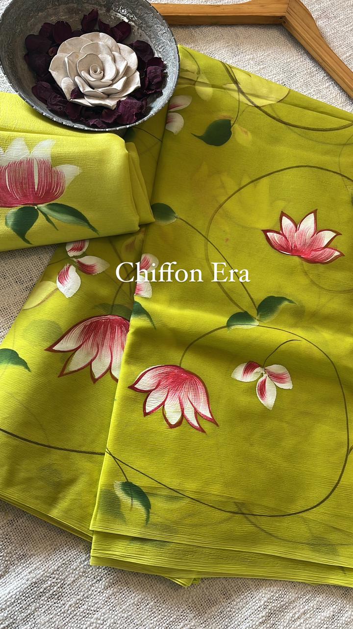 Grape Green Lotus Jaal Hand-Painted Pure Chiffon Saree with crepe blouse