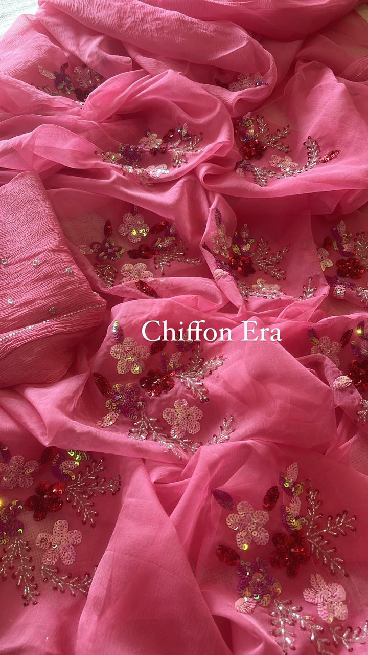 Pink Pure Chiffon Handcrafted Sequins Floral Bunch Saree with Crepe blouse