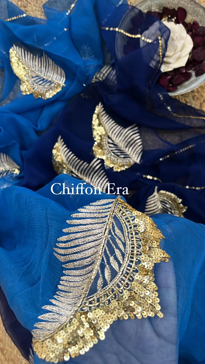 Pure chiffon blue ombré shaded saree with crepe blouse