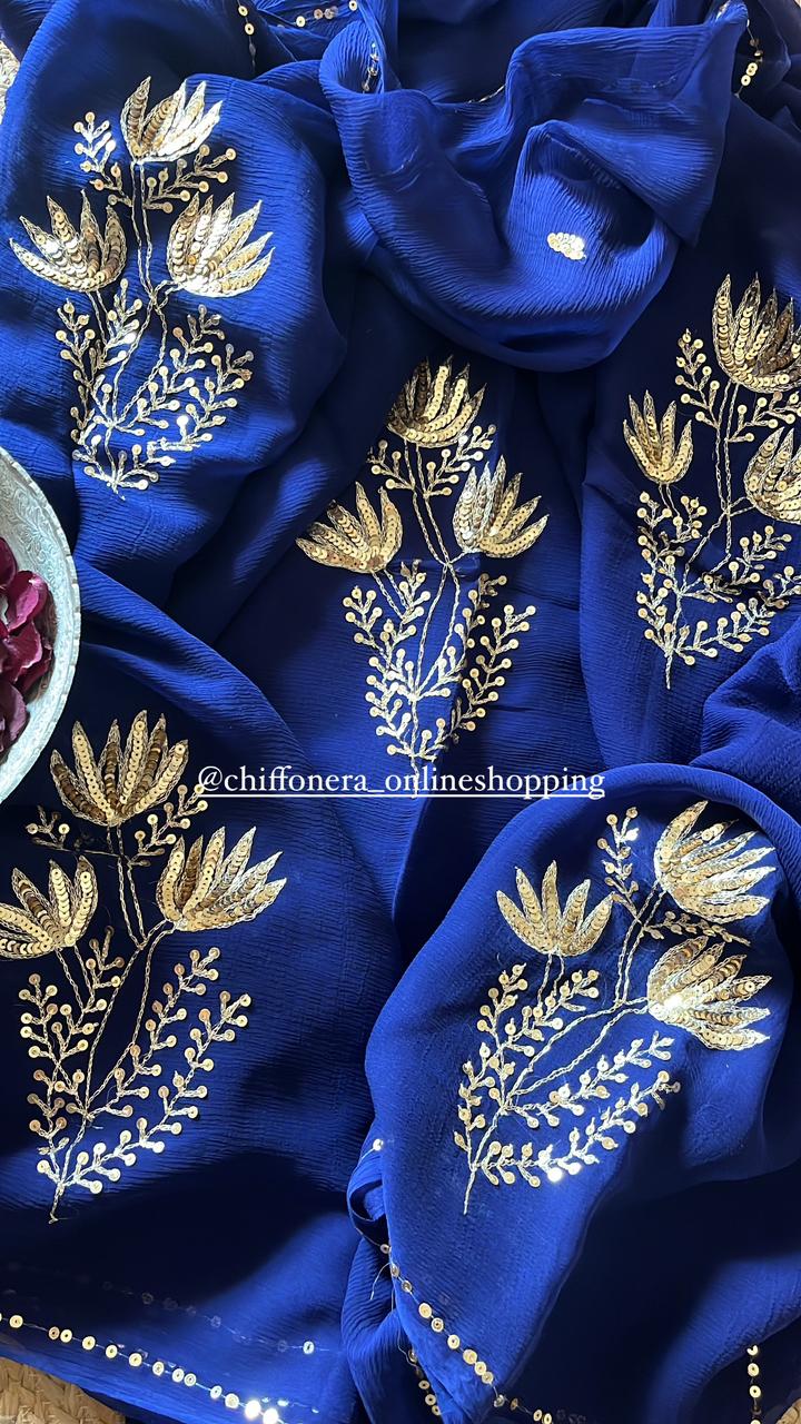 Indigo deep blue pure chiffon sequins zari tulip handcrafted sarees with crepe work blouse