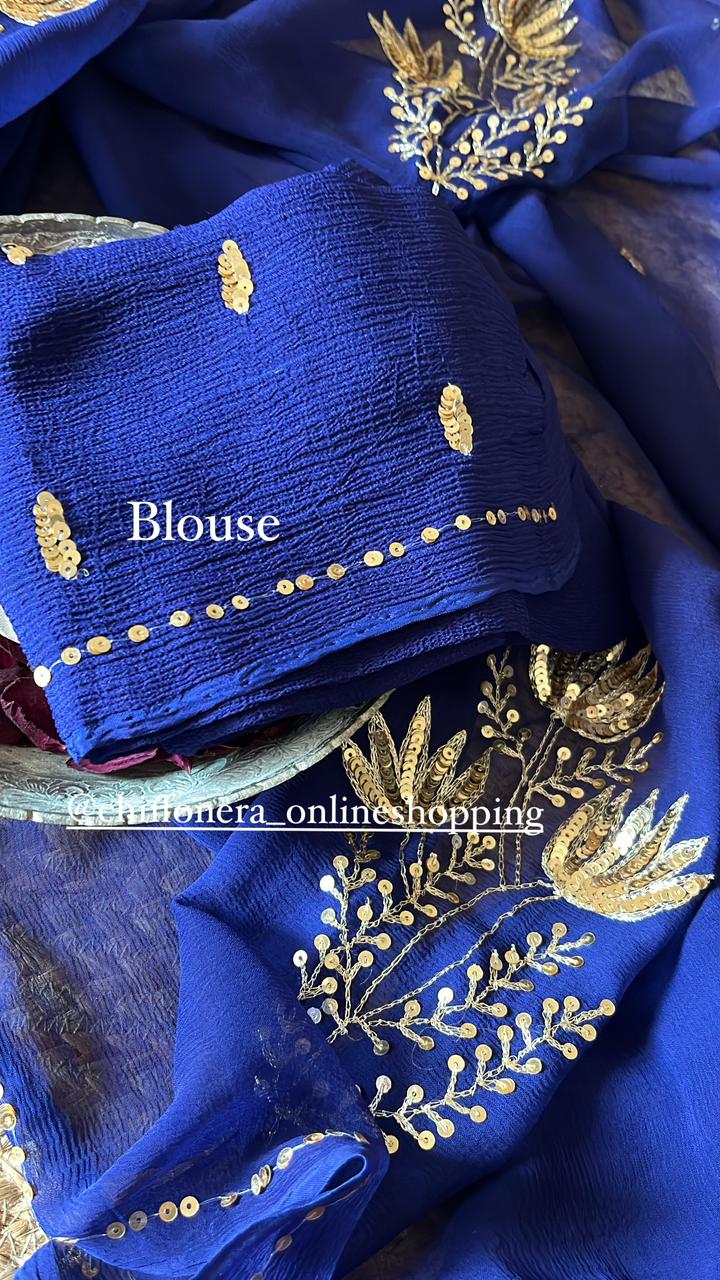 Indigo deep blue pure chiffon sequins zari tulip handcrafted sarees with crepe work blouse