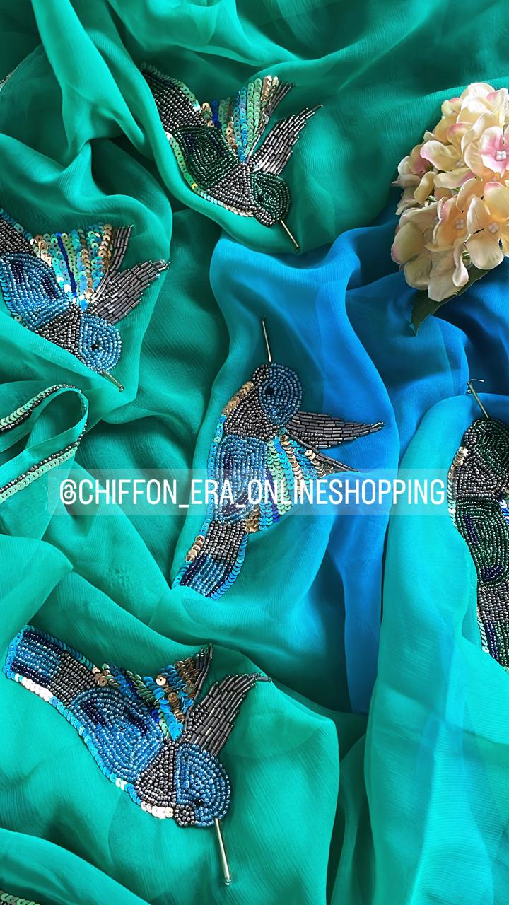 Ombré Sea Green and Blue Handcrafted Sparrow Saree with blouse