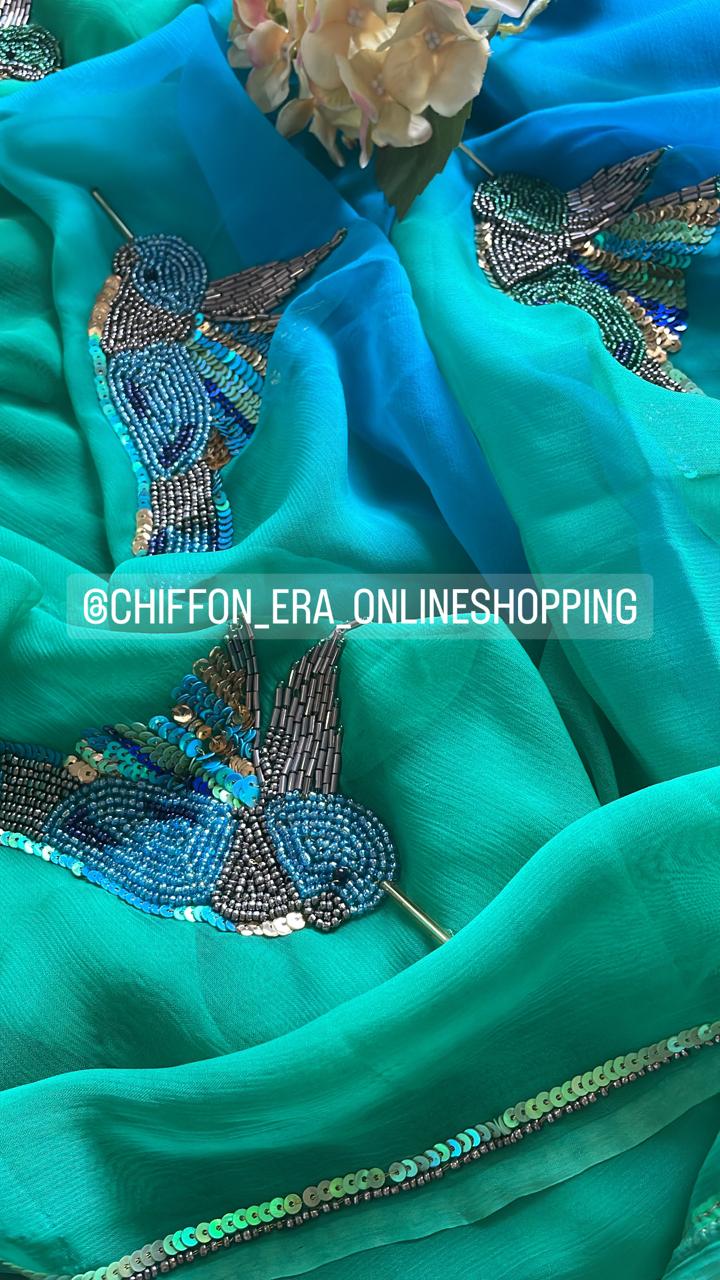 Ombré Sea Green and Blue Handcrafted Sparrow Saree with blouse