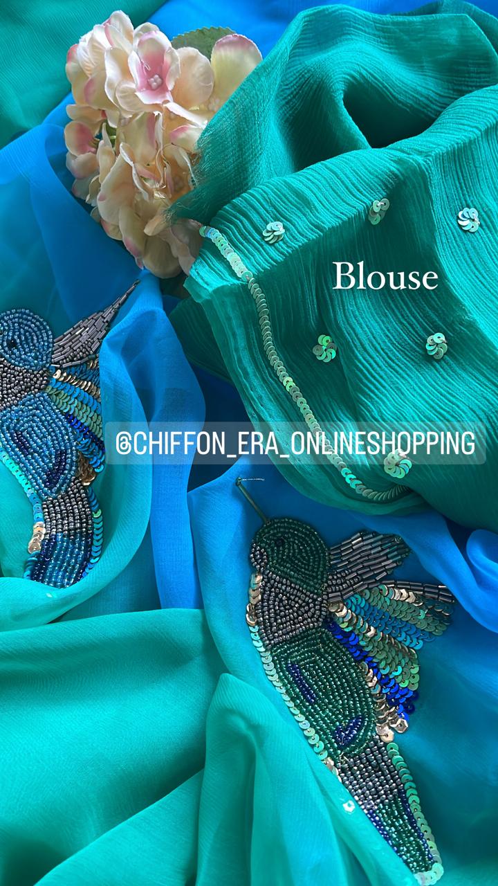 Ombré Sea Green and Blue Handcrafted Sparrow Saree with blouse