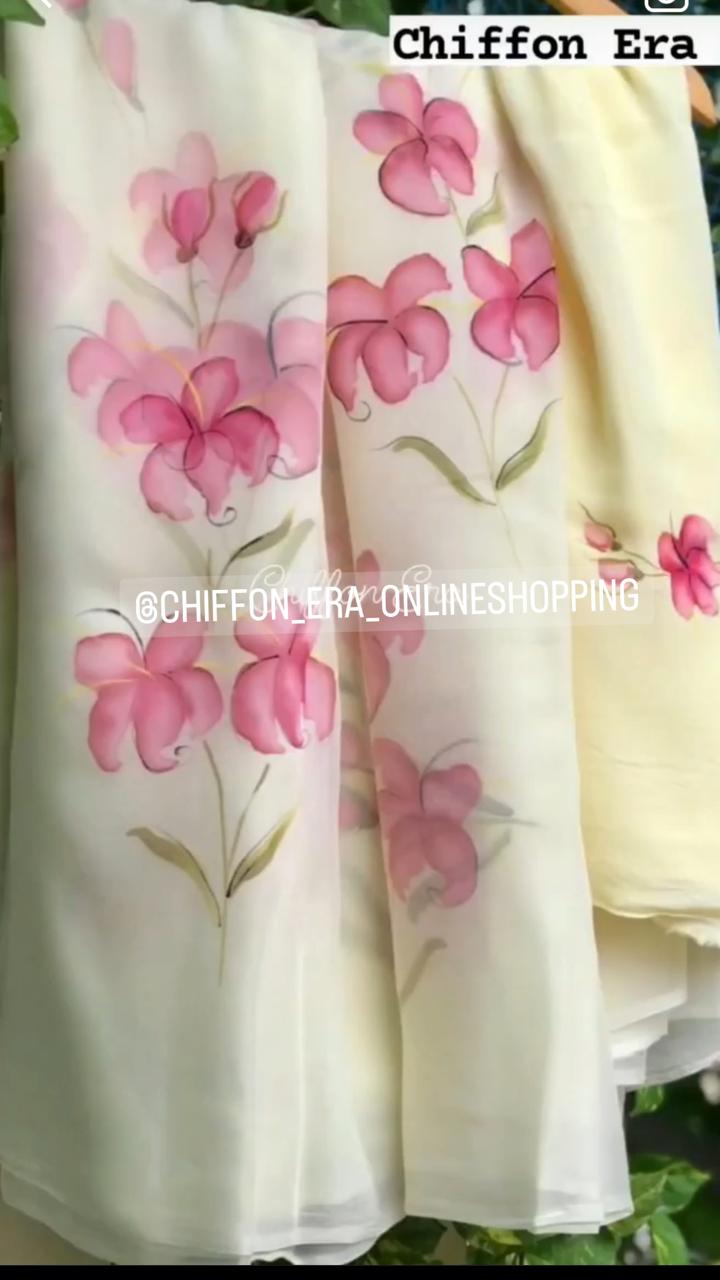 Pure Chiffon Handpainted Saree with Crepe Blouse