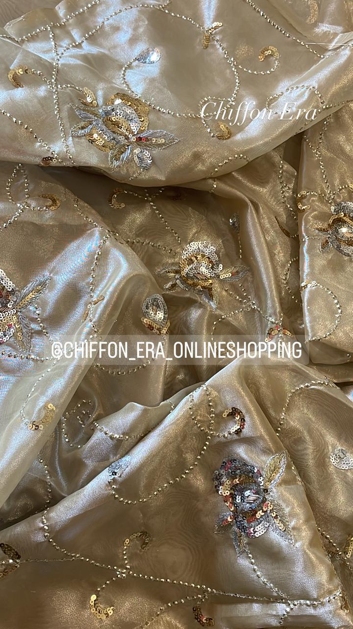 Gold Pure Tissue Handcrafted Jaal Saree with Blouse