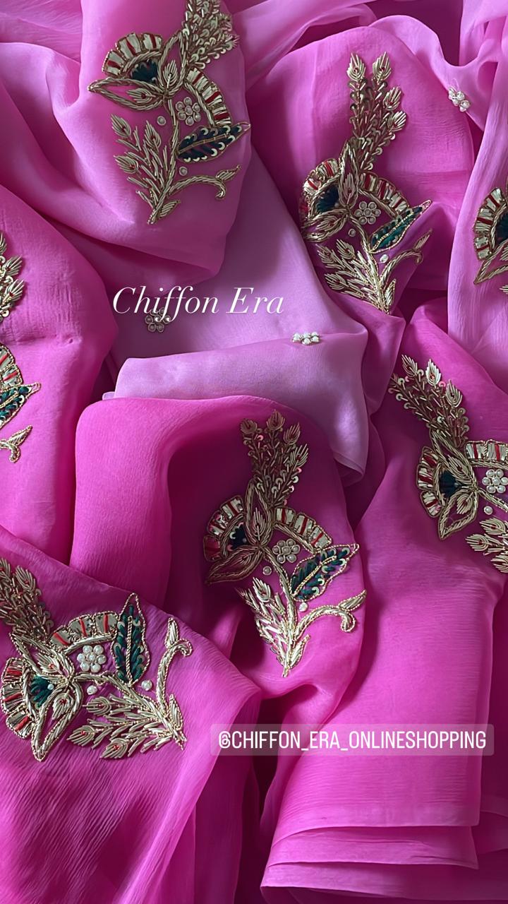 Sequins motifs handcrafted ombré pink  saree with crepe blouse