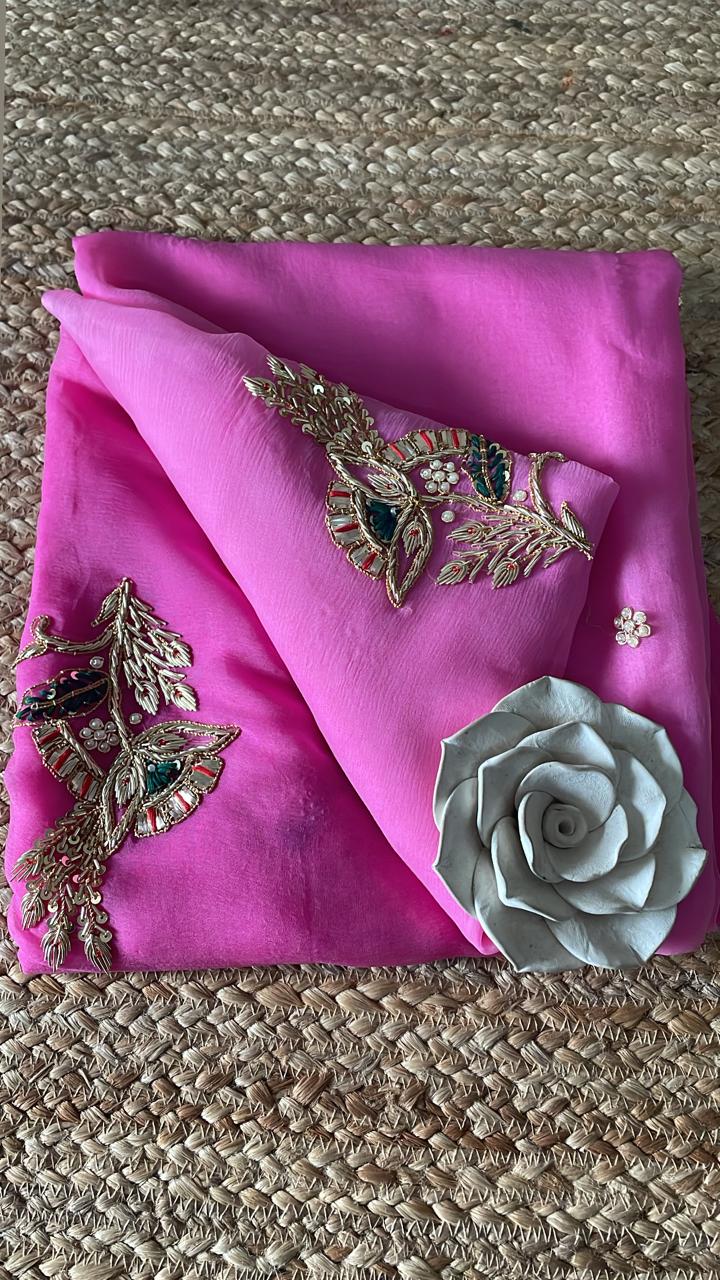 Sequins motifs handcrafted ombré pink  saree with crepe blouse