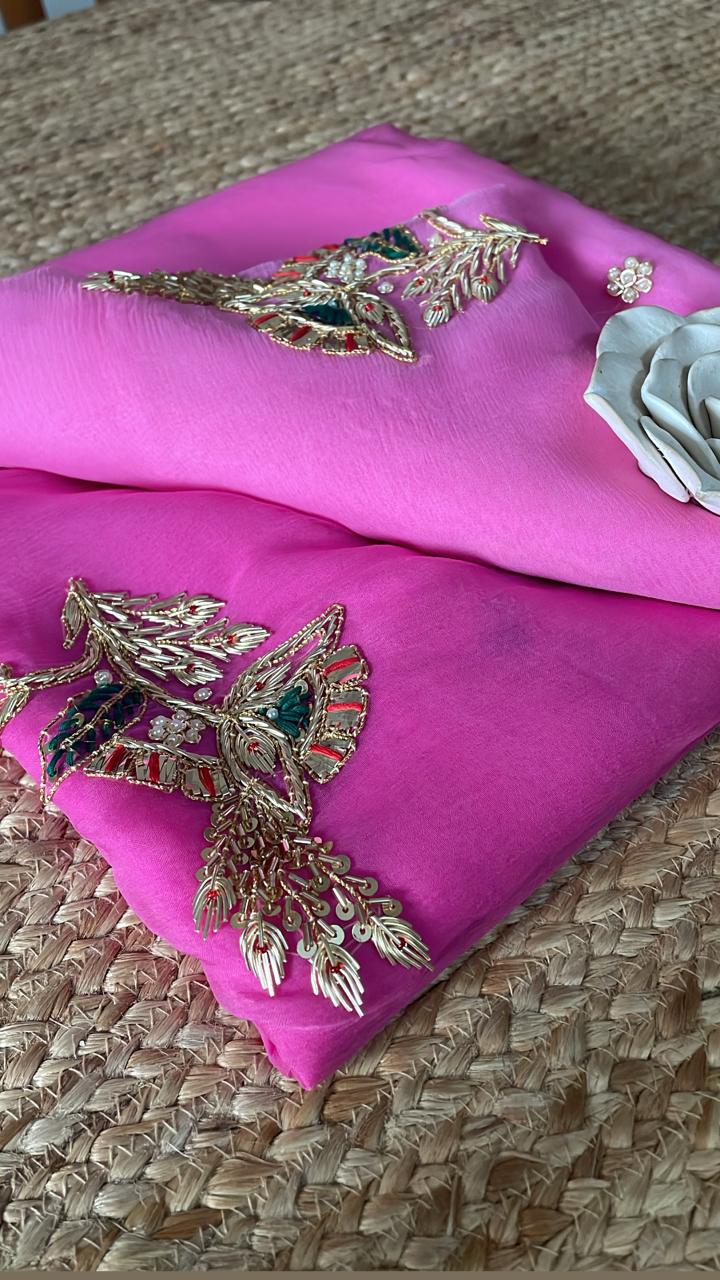 Sequins motifs handcrafted ombré pink  saree with crepe blouse