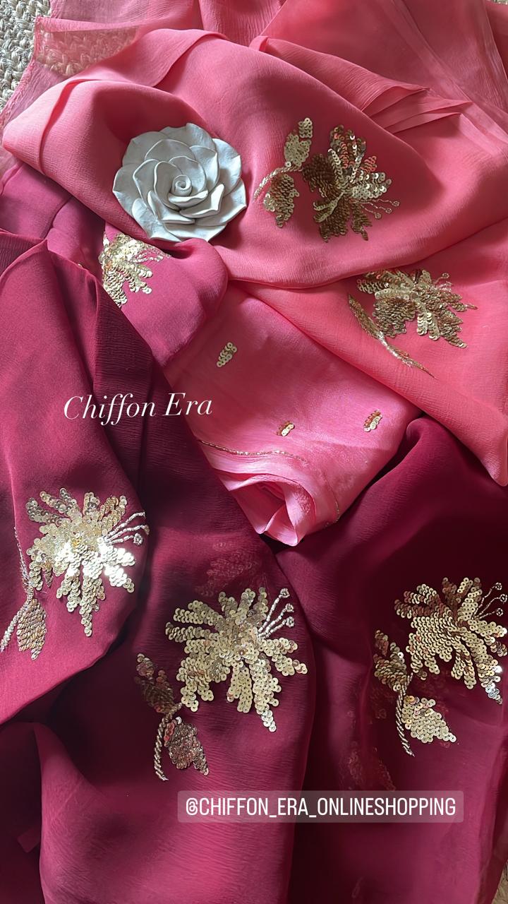 Ombré wine pure chiffon handcrafted saree with crepe blouse