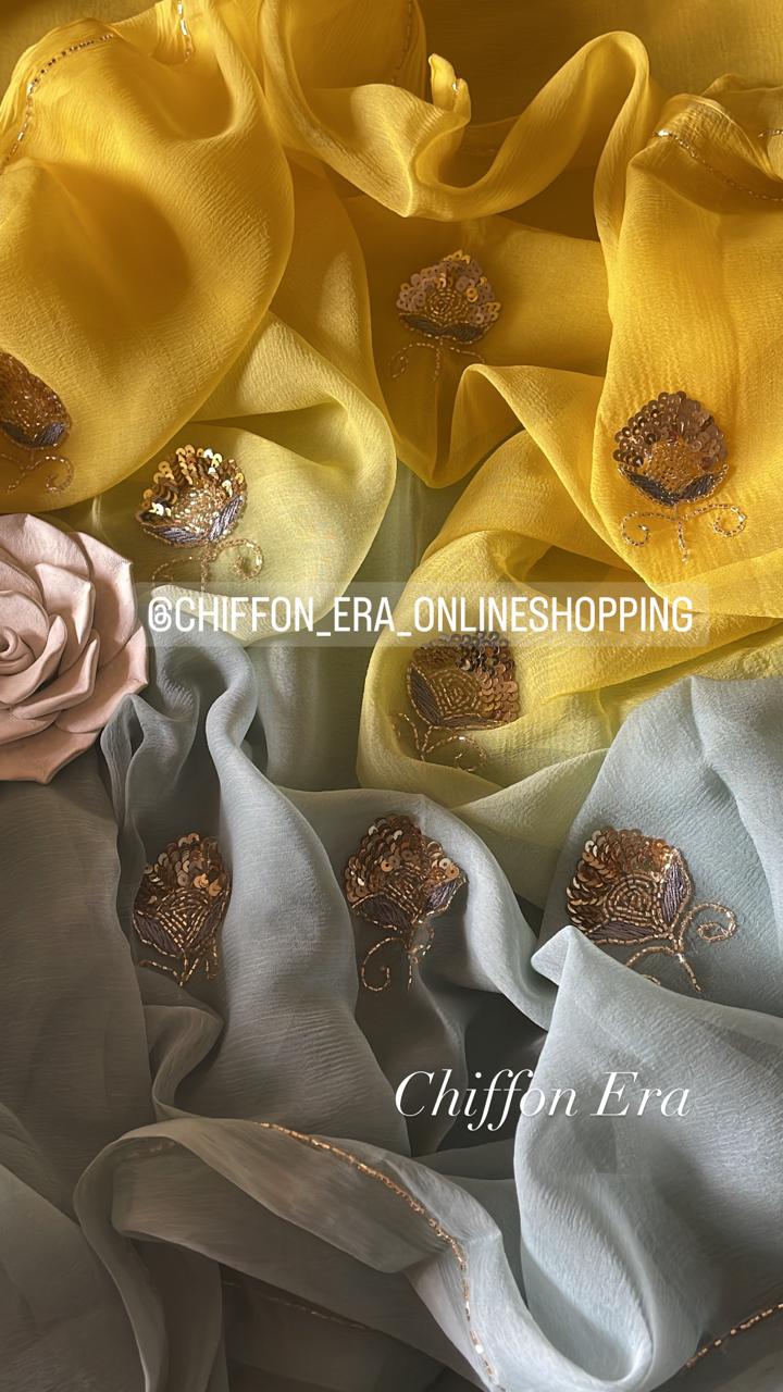 Yellow & Grey booties handcrafted pure chiffon saree with crepe blouse