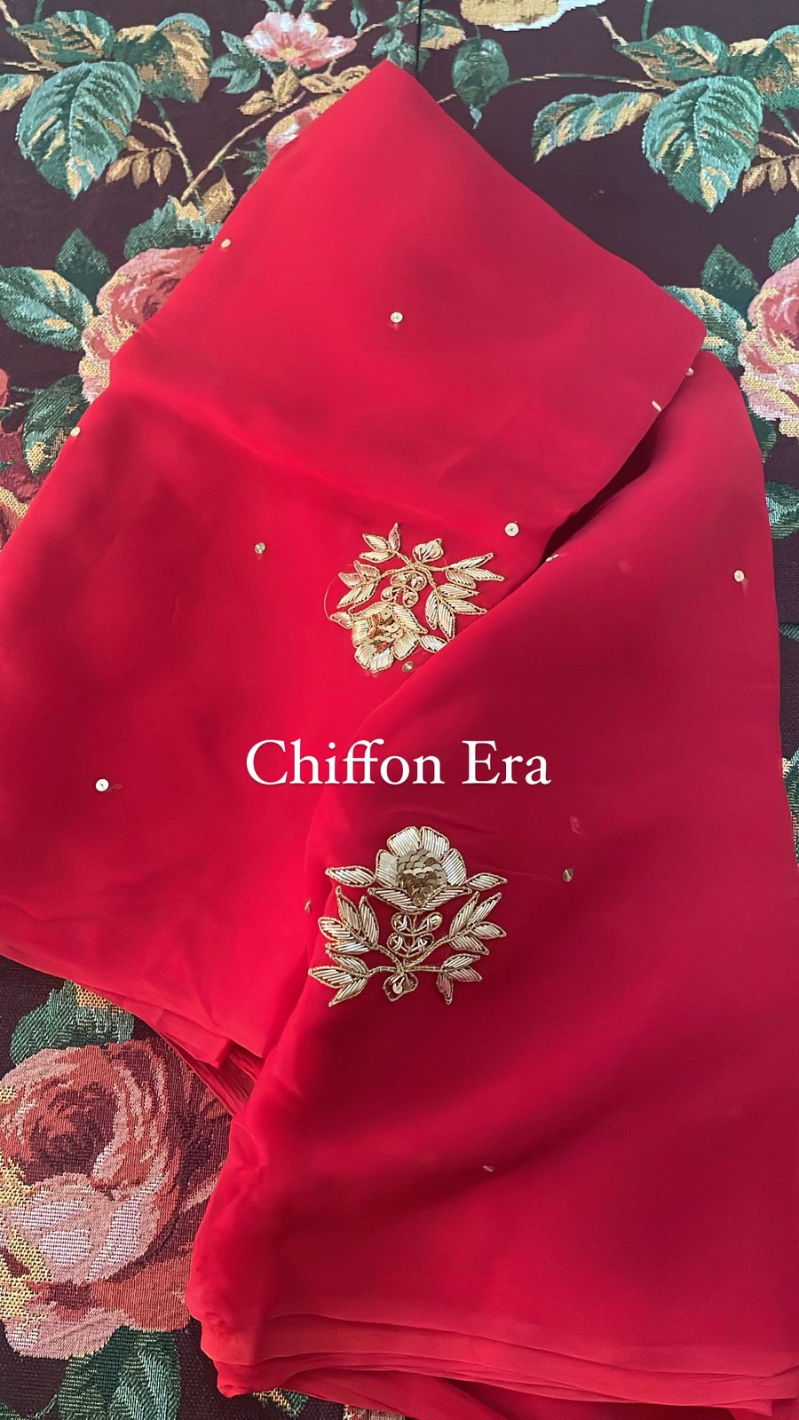 Zardozi cherry Red saree with crepe work blouse