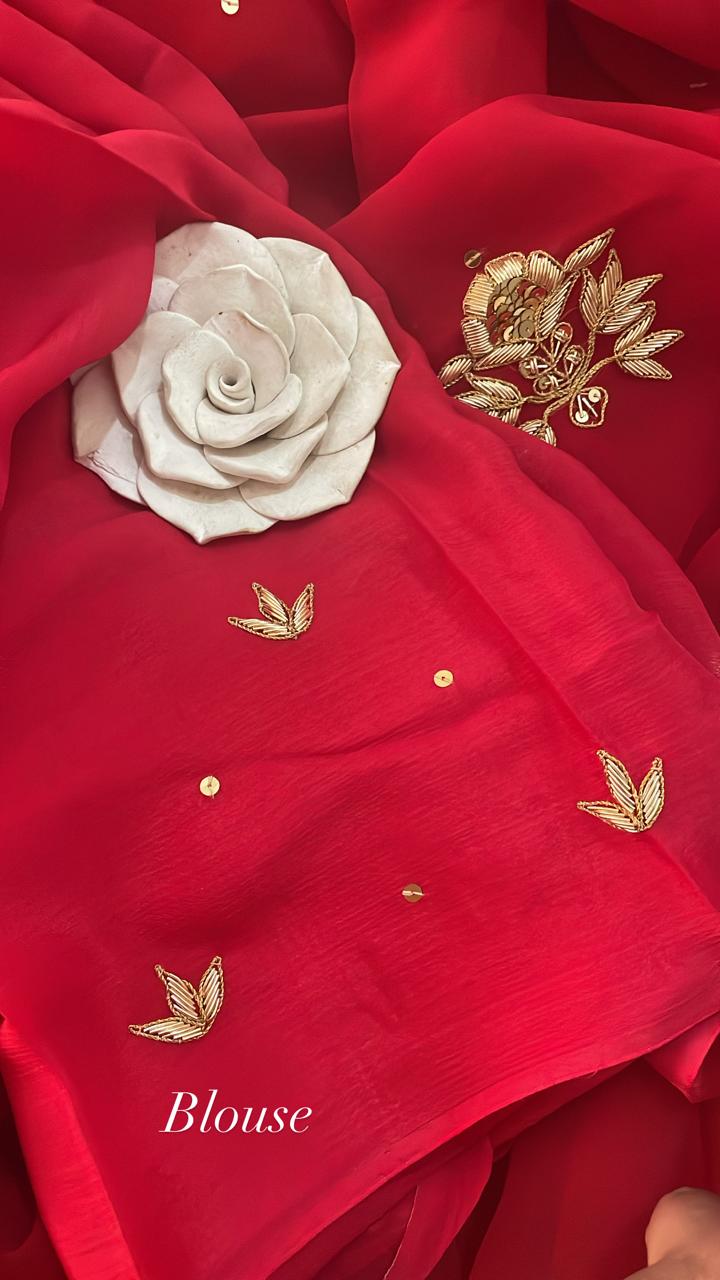 Zardozi cherry Red saree with crepe work blouse