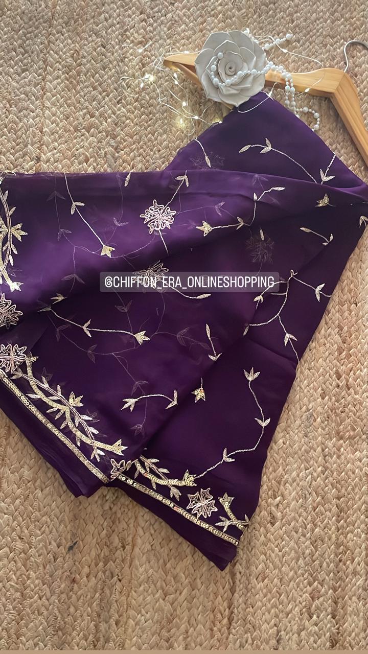 Deep violet zari jaal pure chiffon handcrafted saree with crepe blouse