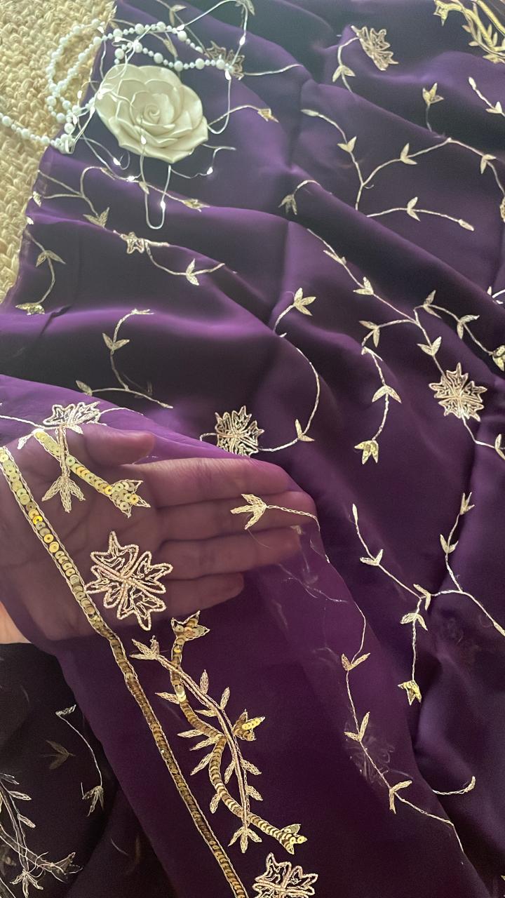 Deep violet zari jaal pure chiffon handcrafted saree with crepe blouse