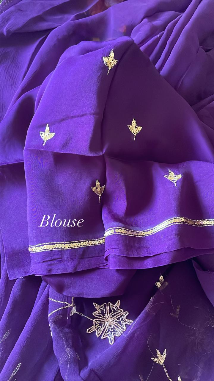 Deep violet zari jaal pure chiffon handcrafted saree with crepe blouse