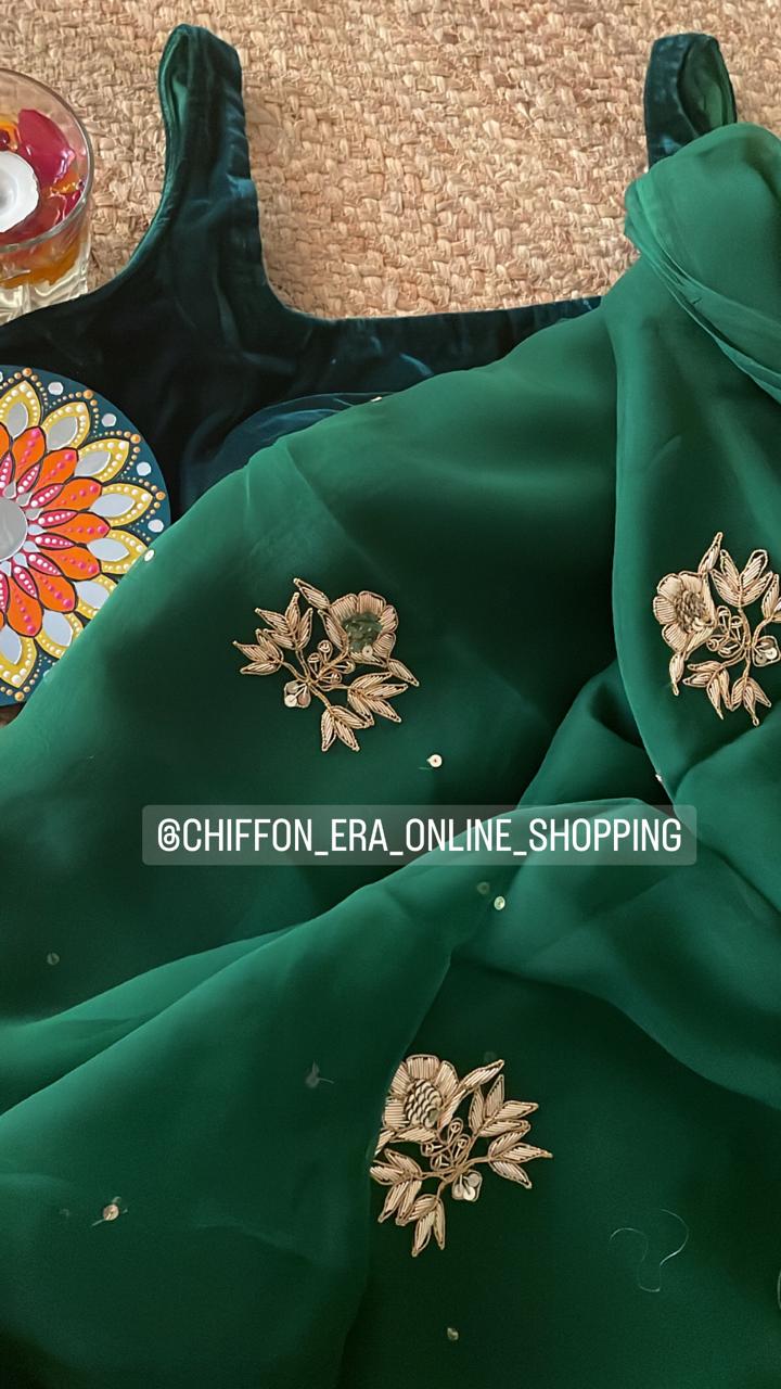 Bottle green pure chiffon handcrafted Zardozi saree with crepe blouse