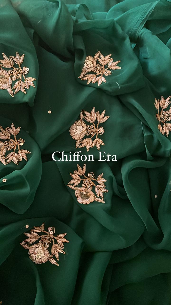 Bottle green pure chiffon handcrafted Zardozi saree with crepe blouse