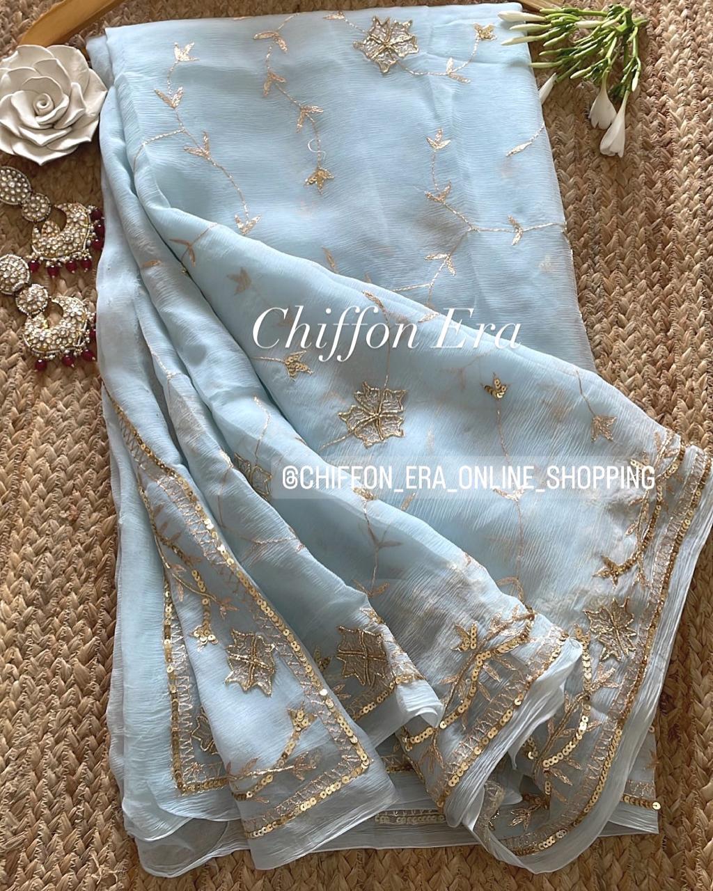 Powder blue zari heavy work handcrafted saree with crepe blouse