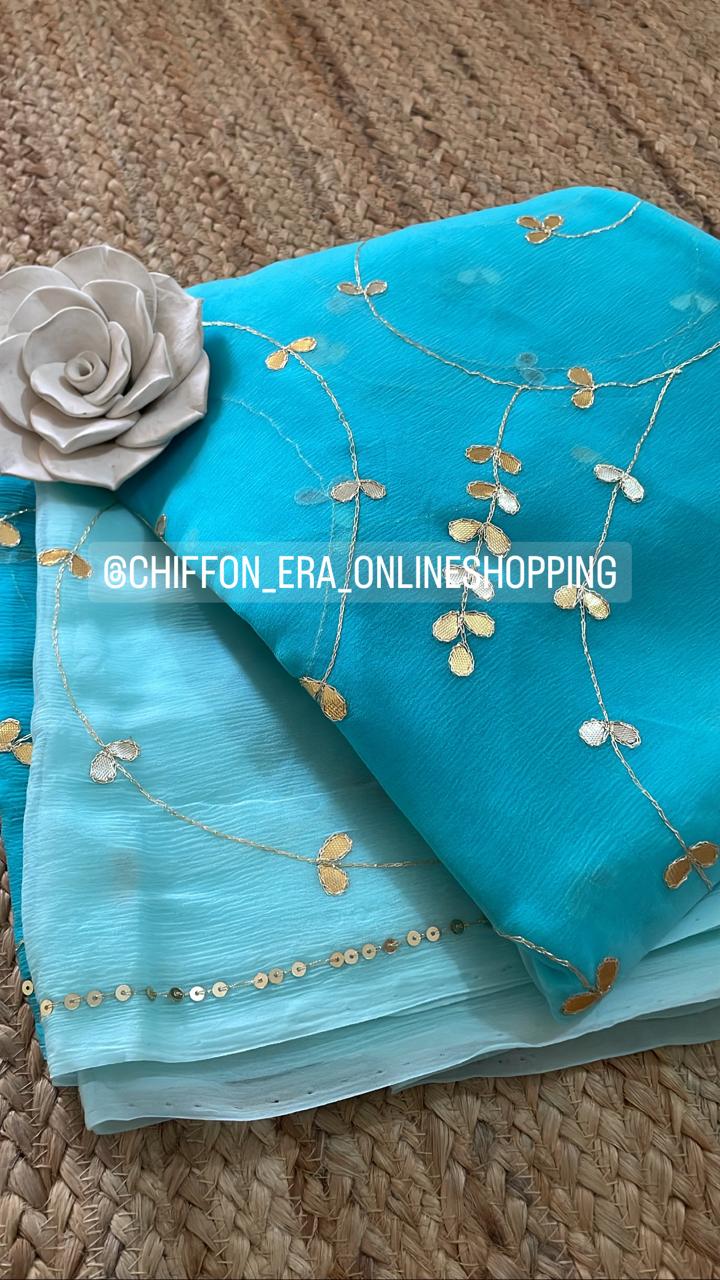 Aqua ombré shaded pure chiffon saree with crepe blouse