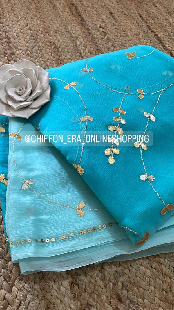 Aqua ombré shaded pure chiffon saree with crepe blouse