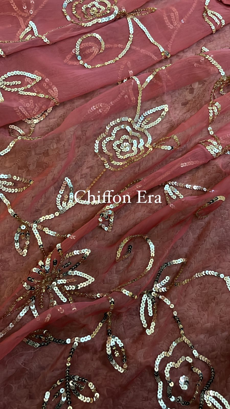 Copper Color Pure Chiffon Handcrafted Sequins Jaal Saree with Blouse