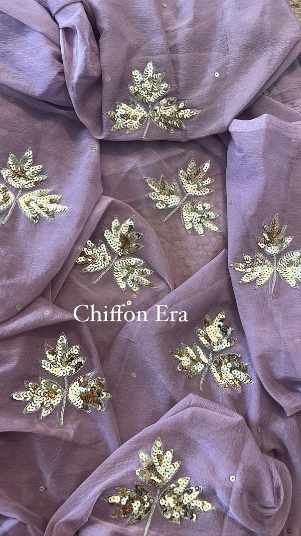 Mauve Mepal Leaf Handcrafted Chiffon Saree with Blouse