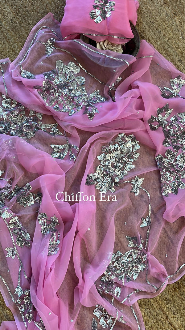 Candy Pink Sequins Handcrafted Bella Heavy Work Saree with Blouse