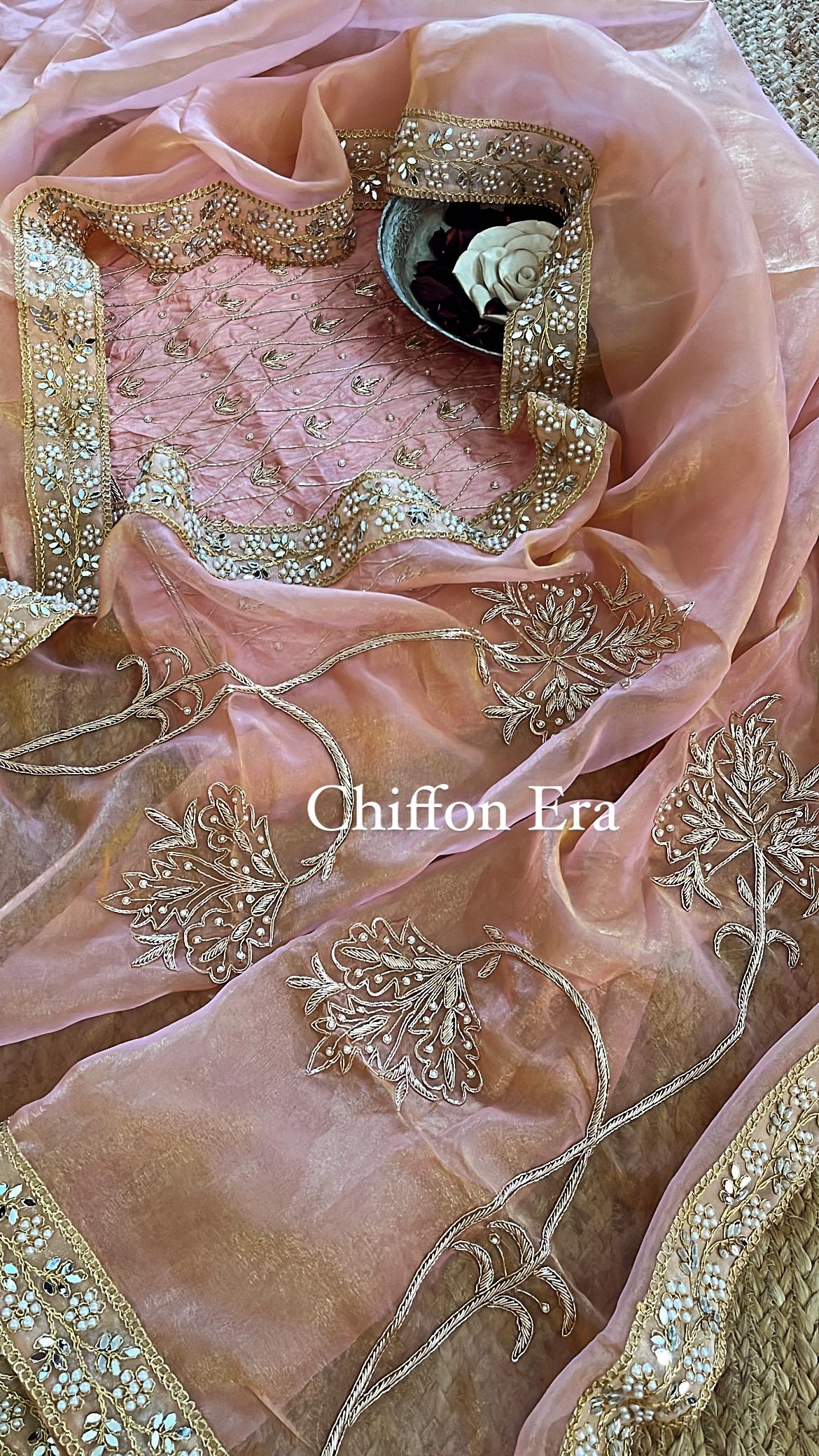 Cinnamon Pure Tissue Handcrafted Zardozi Saree with Crushed Raw Silk Zardozi Work Blouse