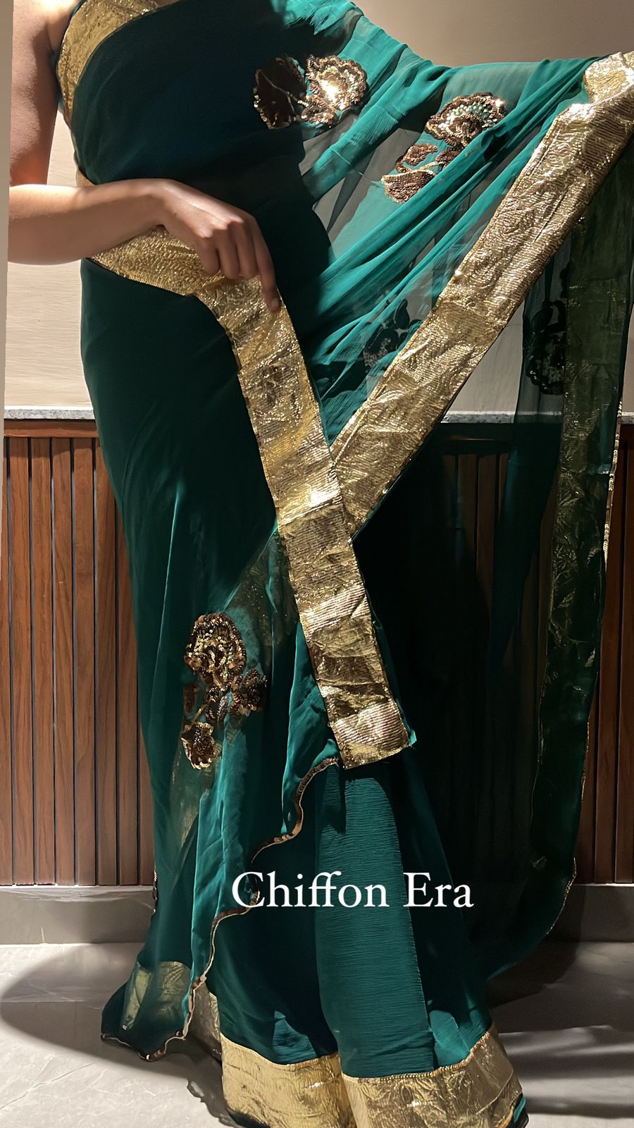 Teal Chiffon & Laffa Sequins Saree