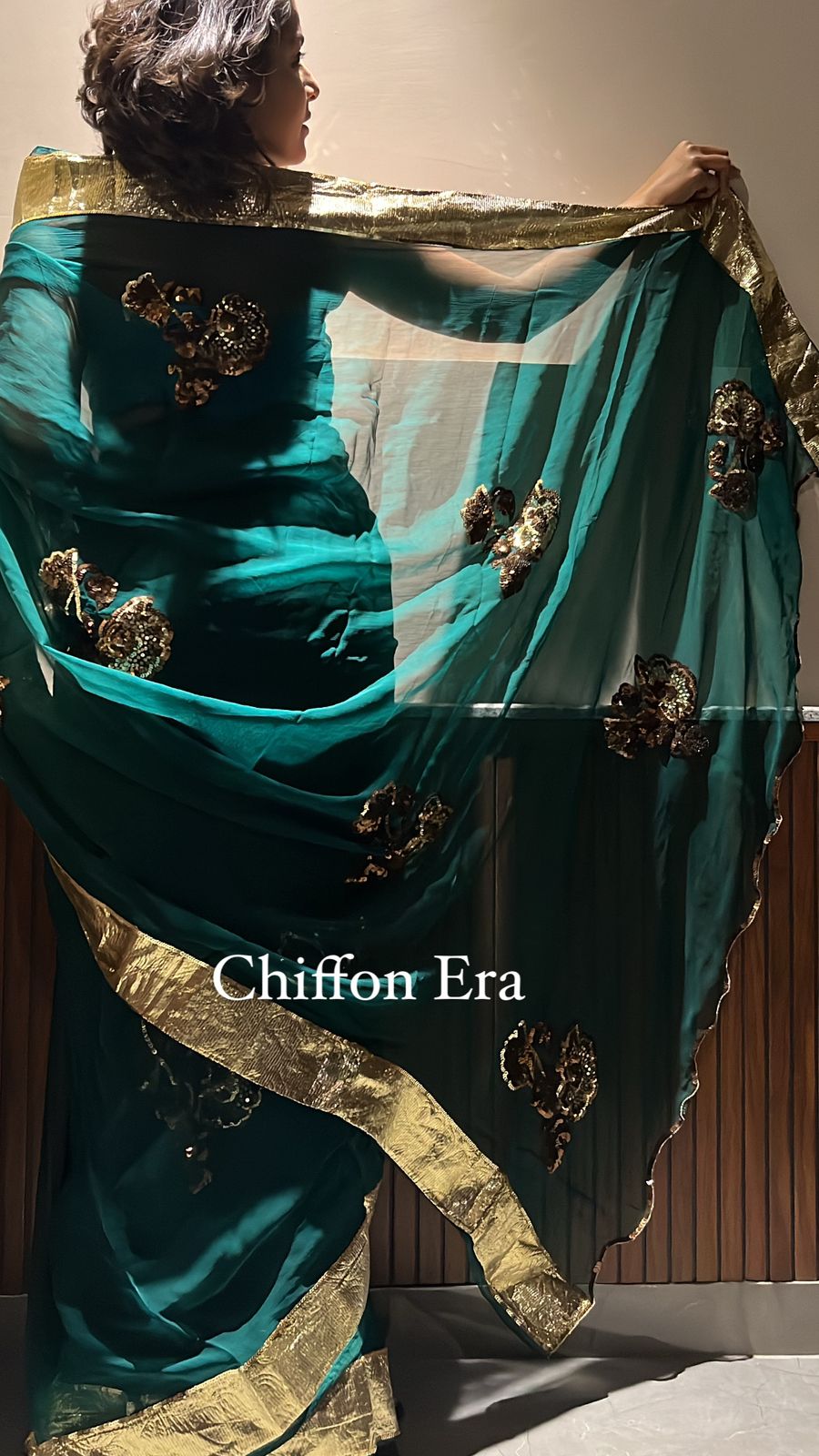 Teal Chiffon & Laffa Sequins Saree