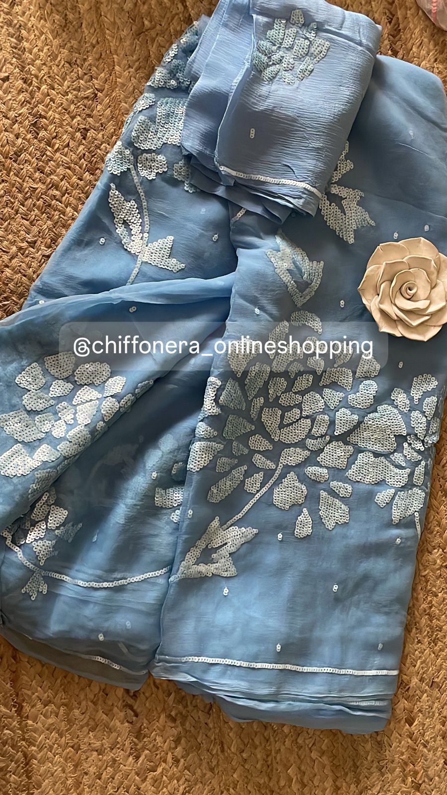 Aqua Blue Pure Chiffon Sequins Bella Handcrafted Saree with Crepe Blouse