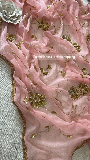 Crimson Pink Sequins &amp; Pearl Handcrafted Saree with Crepe Blouse