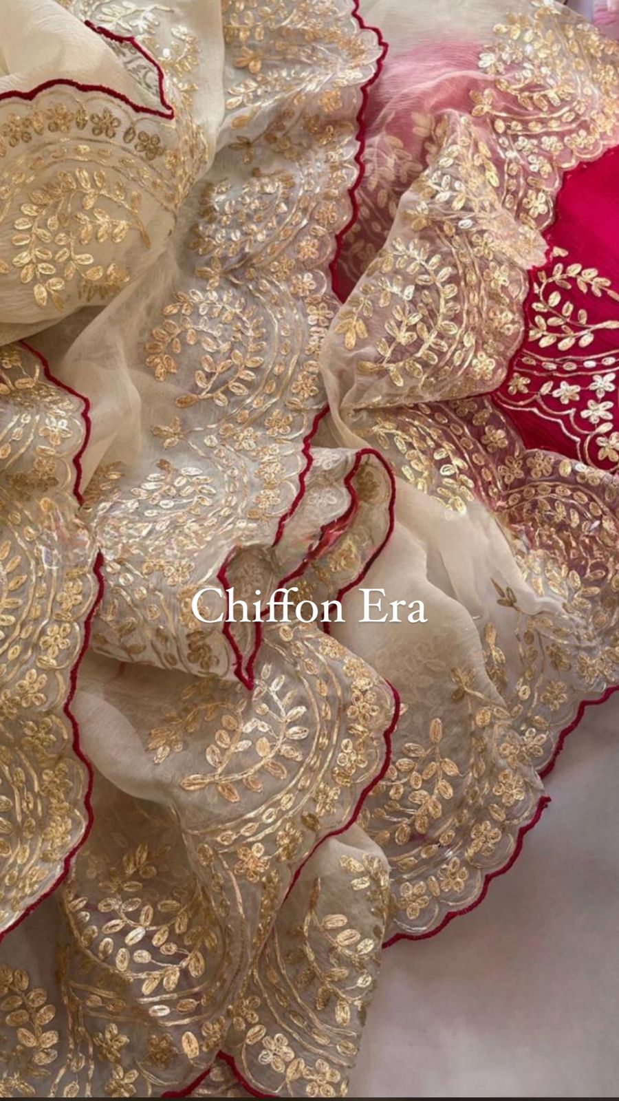 Beautiful Pure Chiffon Handcrafted Pittan Work Saree with Hot Pink Work Crepe Blouse