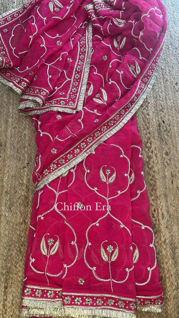 Rani Pink Pure Silk Organza Jharoka Saree with Zardozi, Pearl & Hand Embroidery | Luxury Wedding & Festive Saree