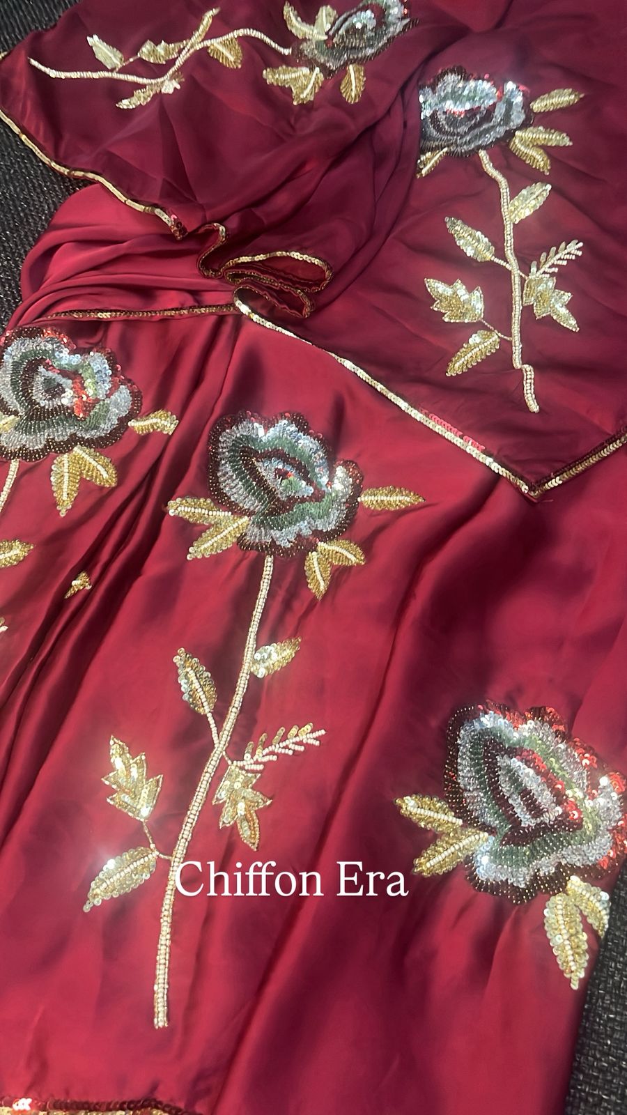 Wine Red Chiffon Saree with Hand Embroidery & Sequin Floral Work | Designer Party & Festive Saree
