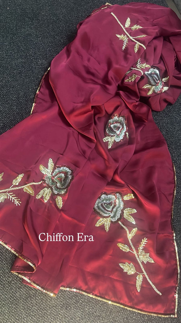 Wine Red Chiffon Saree with Hand Embroidery & Sequin Floral Work | Designer Party & Festive Saree