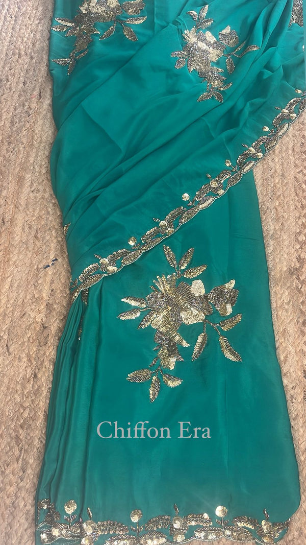 Designer Teal Chiffon Saree with Hand Embroidered Sequin Floral Work | Festive & Wedding Wear Saree
