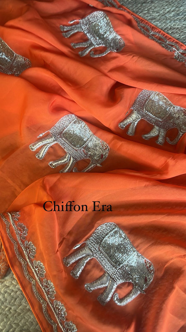 Orange Chiffon Saree with Hand Embroidered Elephant Motifs & Zari Border | Designer Festive & Wedding Saree